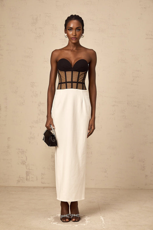 Madelyn Black Strapless Maxi Dress with Sweetheart neckline and Corset styling in Contrast colors and Rear slit