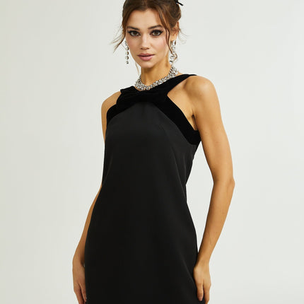 Madelyn Black Velvet Trim Mini Dress with Bow Detailing