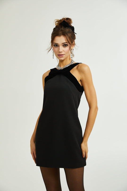 Madelyn Black Velvet Trim Mini Dress with Bow Detailing