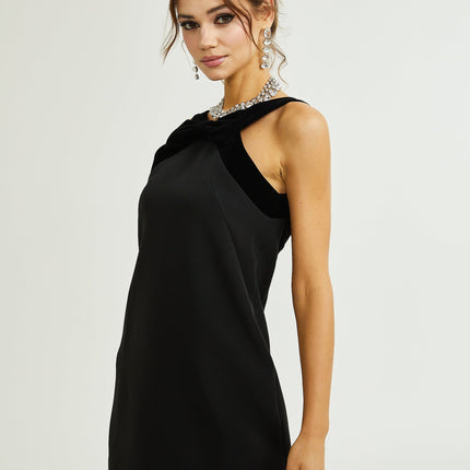 Madelyn Black Velvet Trim Mini Dress with Bow Detailing
