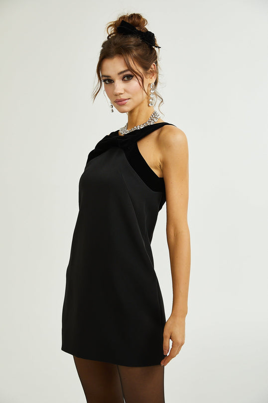 Madelyn Black Velvet Trim Mini Dress with Bow Detailing
