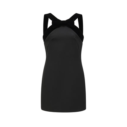 Madelyn Black Velvet Trim Mini Dress with Bow Detailing