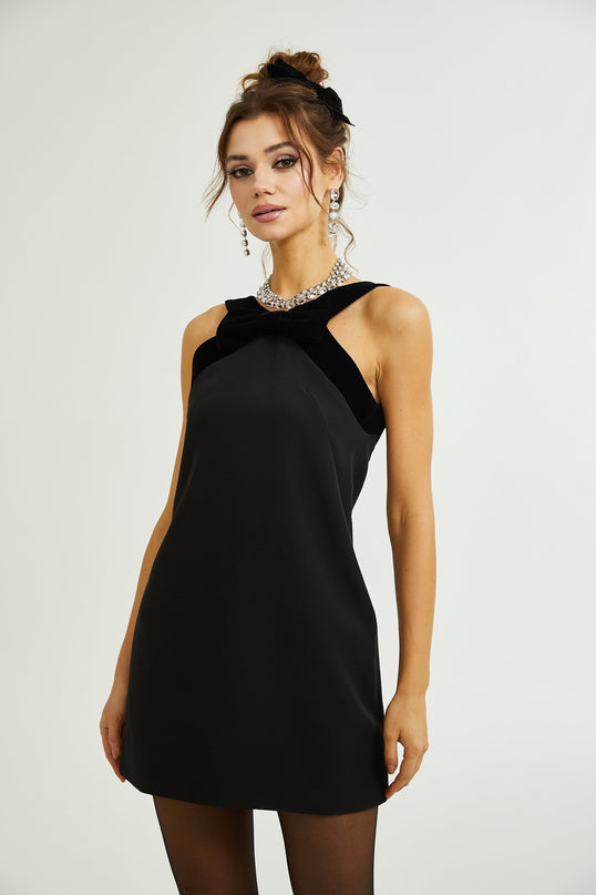 Madelyn Black Velvet Trim Mini Dress