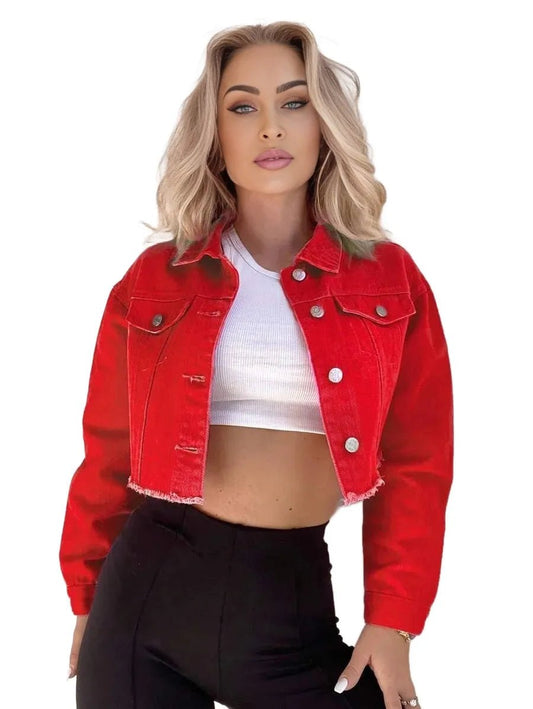 Madelyn Cropped Denim Jacket with Frayed Hem in Red - Red