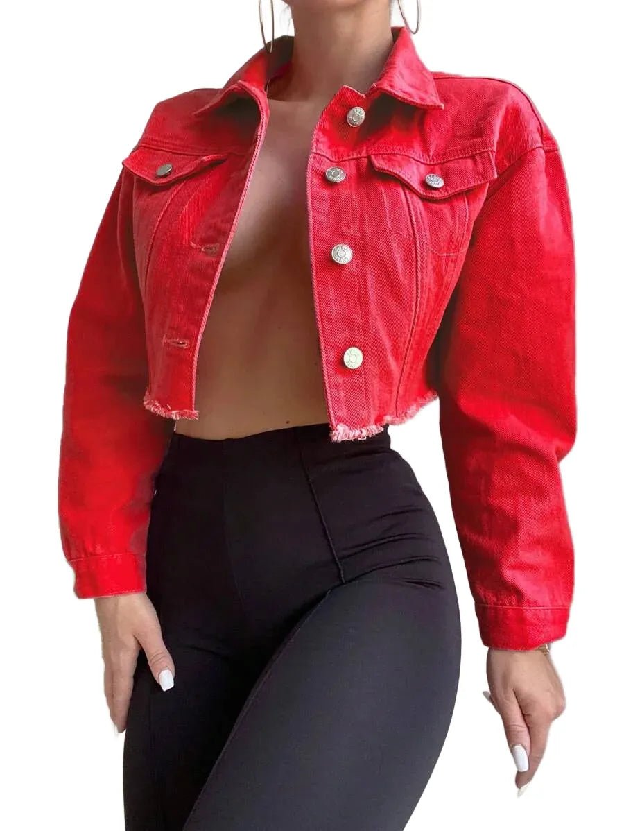 Madelyn Cropped Denim Jacket with Frayed Hem in Red - Red
