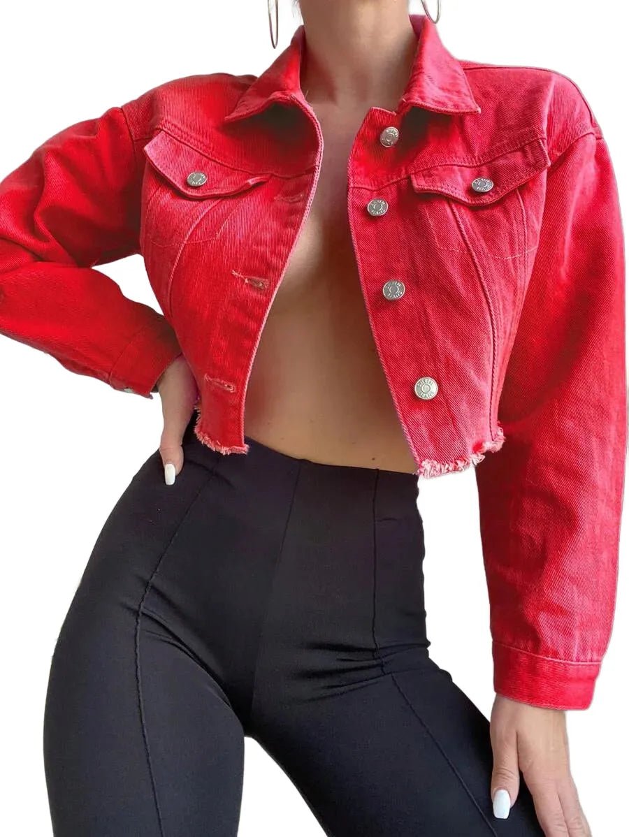 Madelyn Cropped Denim Jacket with Frayed Hem in Red - Red