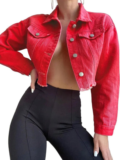 Madelyn Cropped Denim Jacket with Frayed Hem in Red - Red