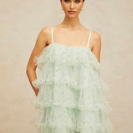Madelyn Green Mini Dress with Faux-Pearl and Crystal Embellishments