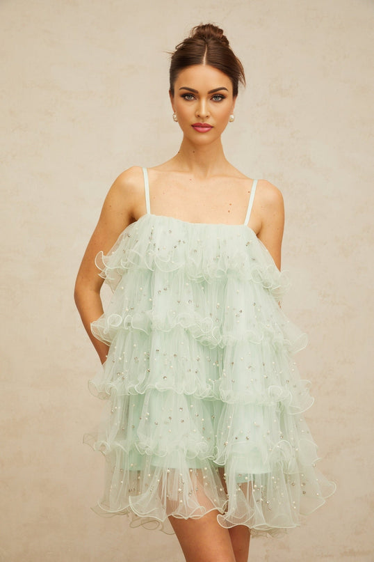 Madelyn Green Mini Dress with Faux-Pearl and Crystal Embellishments