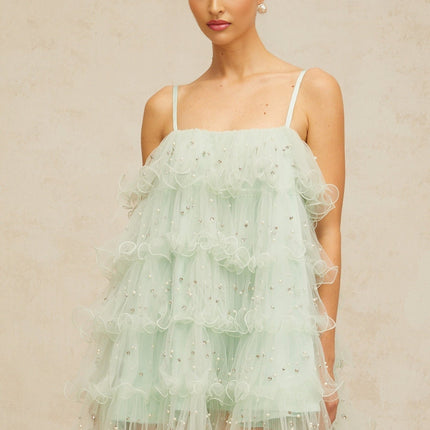 Madelyn Green Mini Dress with Faux-Pearl and Crystal Embellishments