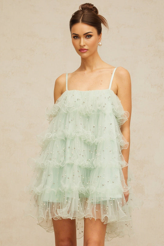 Madelyn Green Mini Dress with Faux-Pearl and Crystal Embellishments