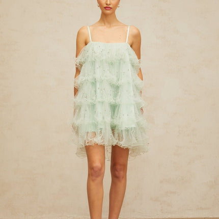 Madelyn Green Mini Dress with Faux-Pearl and Crystal Embellishments