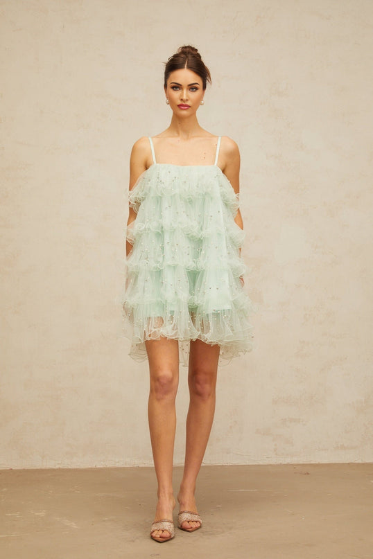 Madelyn Green Mini Dress with Faux-Pearl and Crystal Embellishments