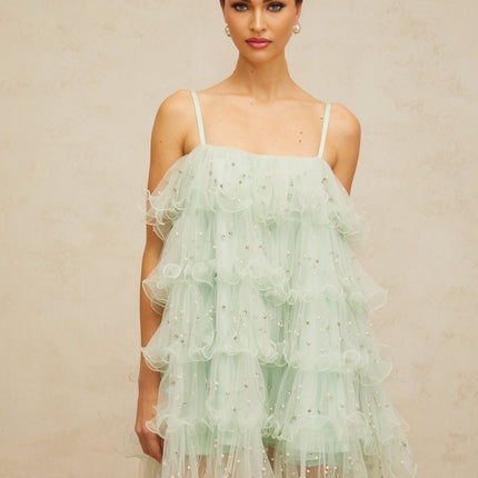 Madelyn Green Mini Dress with Faux-Pearl and Crystal Embellishments