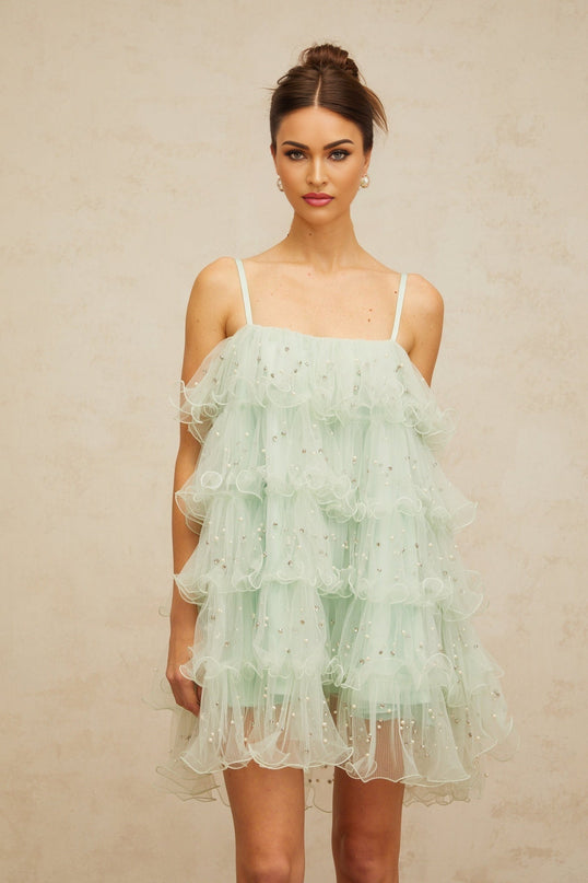 Madelyn Green Mini Dress with Faux-Pearl and Crystal Embellishments