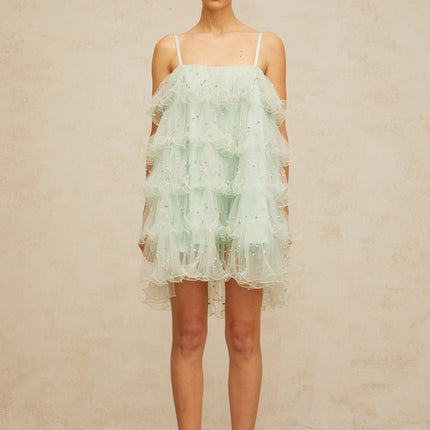 Madelyn Green Mini Dress with Faux-Pearl and Crystal Embellishments