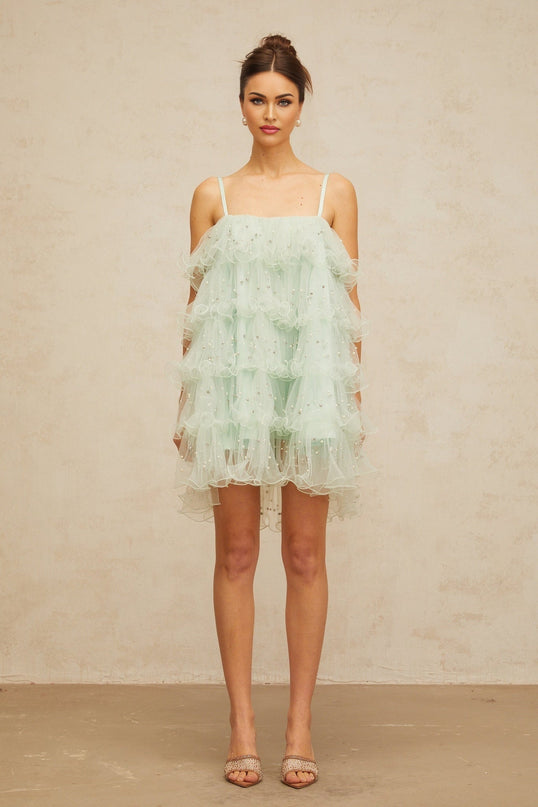 Madelyn Green Mini Dress with Faux-Pearl and Crystal Embellishments