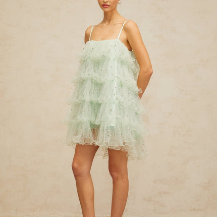 Madelyn Green Mini Dress with Faux-Pearl and Crystal Embellishments