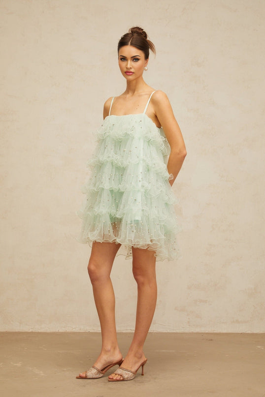 Madelyn Green Mini Dress with Faux-Pearl and Crystal Embellishments