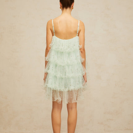 Madelyn Green Mini Dress with Faux-Pearl and Crystal Embellishments
