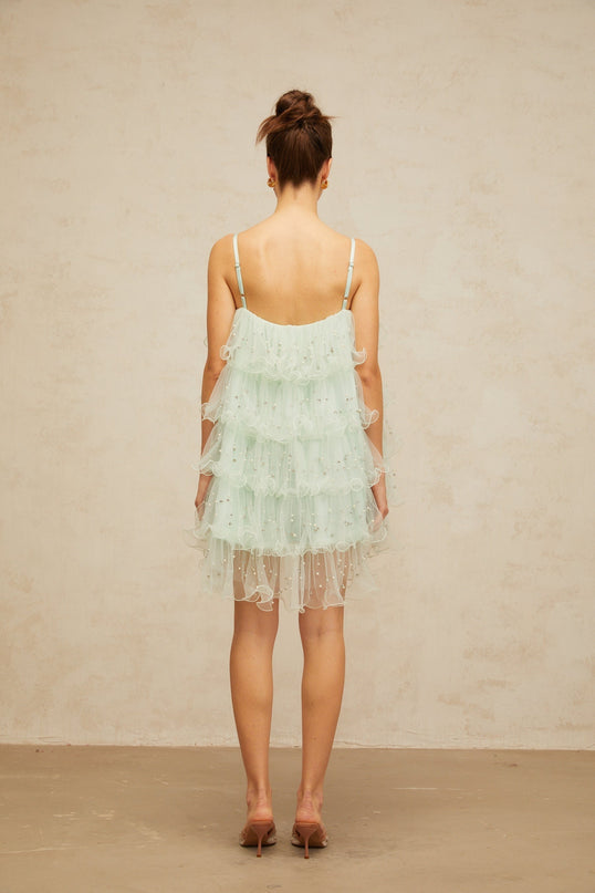 Madelyn Green Mini Dress with Faux-Pearl and Crystal Embellishments