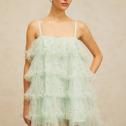 Madelyn Green Mini Dress with Faux-Pearl and Crystal Embellishments
