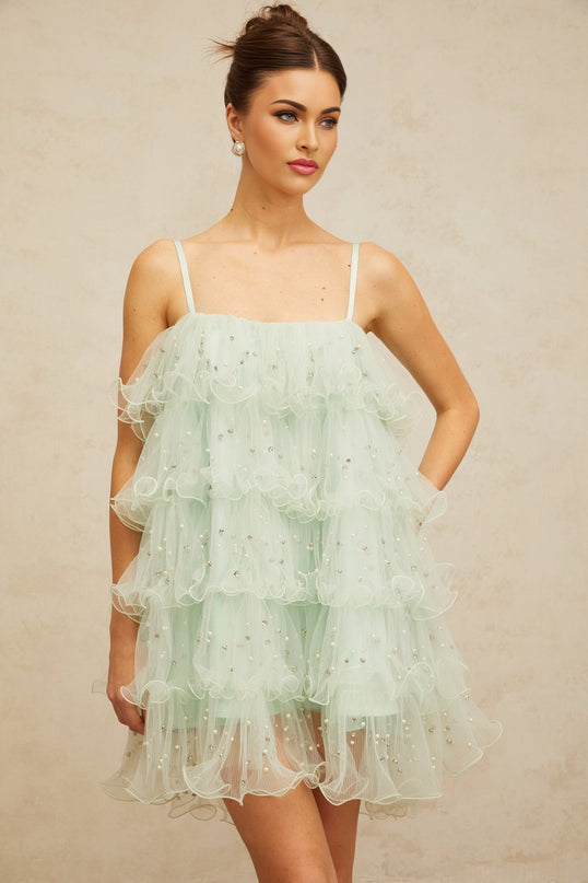 Madelyn Green Mini Dress with Faux-Pearl and Crystal Embellishments