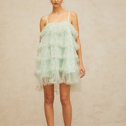 Madelyn Green Tiered Tulle Mini Dress with Faux-Pearl and Crystal Embellishments