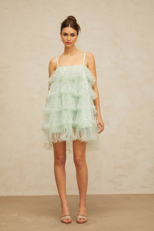 Madelyn Green Tiered Tulle Mini Dress with Faux-Pearl and Crystal Embellishments