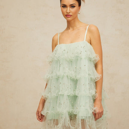 Madelyn Green Tulle Mini Dress with Faux-Pearl and Crystal Embellishments