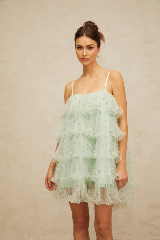 Madelyn Green Tulle Mini Dress with Faux-Pearl and Crystal Embellishments