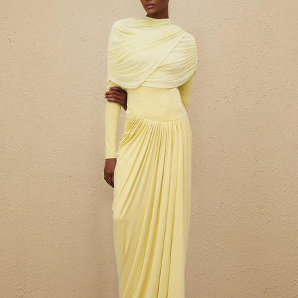 Madelyn Maxi Dress Yellow Elegant Crew Neck Long Sleeve Mesh Shawl Pleated Asymmetrical Draped Floor Length Special Occasions