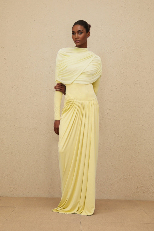 Madelyn Maxi Dress Yellow Elegant Crew Neck Long Sleeve Mesh Shawl Pleated Asymmetrical Draped Floor Length Special Occasions