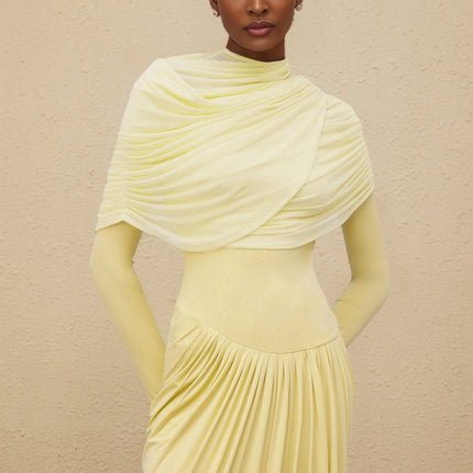 Madelyn Maxi Dress Yellow Elegant Crew Neck Long Sleeve Mesh Shawl Pleated Asymmetrical Draped Floor Length Special Occasion