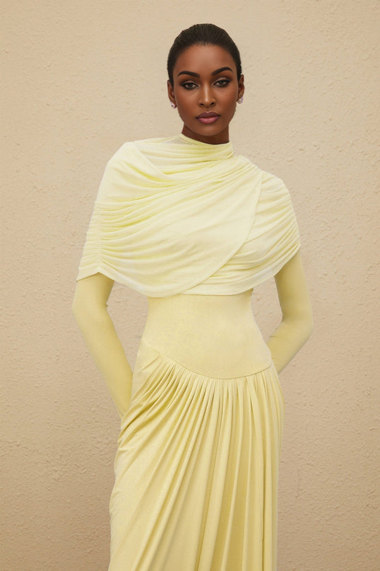 Madelyn Maxi Dress Yellow Elegant Crew Neck Long Sleeve Mesh Shawl Pleated Asymmetrical Draped Floor Length Special Occasion