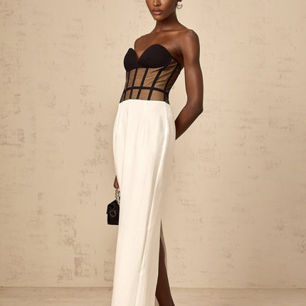 Madelyn Strapless Maxi Dress Black Contrast Colors Sweetheart Neckline Corset Styling Rear Slit Semi-Sheer Straight Hem Terylene Fiber