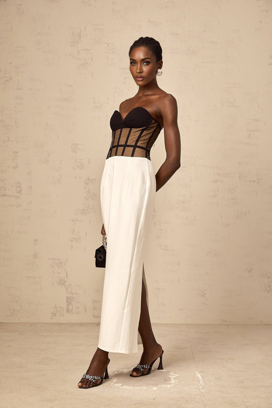Madelyn Strapless Maxi Dress Black Contrast Colors Sweetheart Neckline Corset Styling Rear Slit Semi-Sheer Straight Hem Terylene Fiber