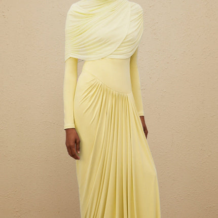 Madelyn Yellow Maxi Dress with Mesh Shawl and Pleated Detailing