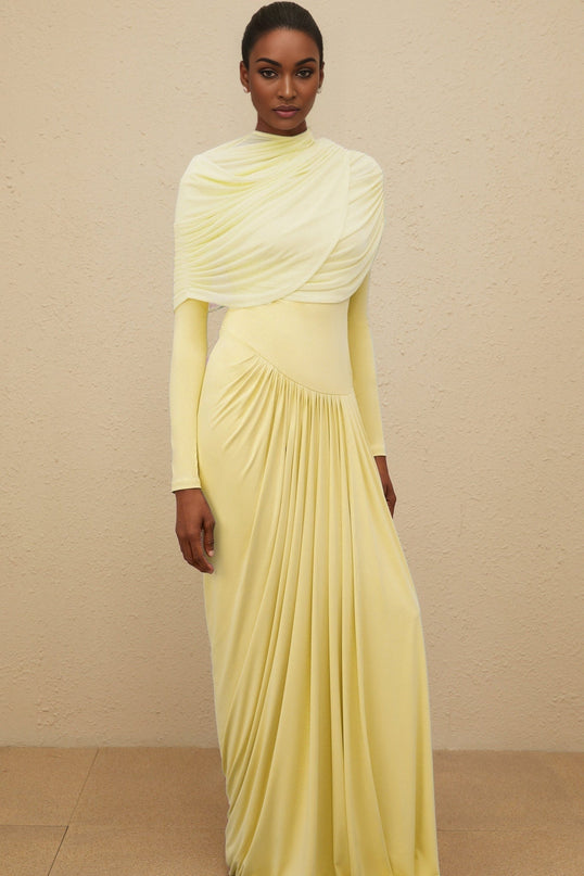 Madelyn Yellow Maxi Dress with Mesh Shawl and Pleated Detailing