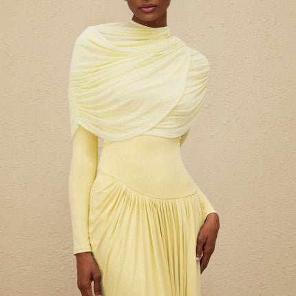 Madelyn Yellow Maxi Dress with Mesh Shawl and Pleated Detailing