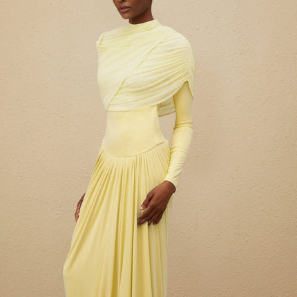 Madelyn Yellow Maxi Dress with Mesh Shawl Pleated Detailing and Asymmetrical Design