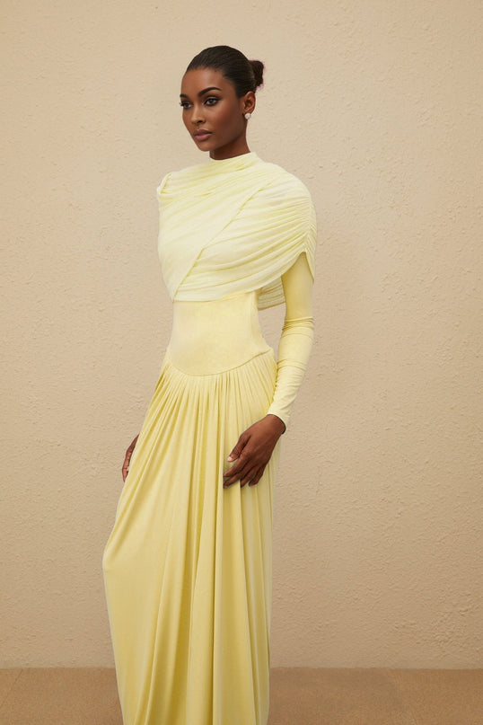 Madelyn Yellow Maxi Dress with Mesh Shawl Pleated Detailing and Asymmetrical Design