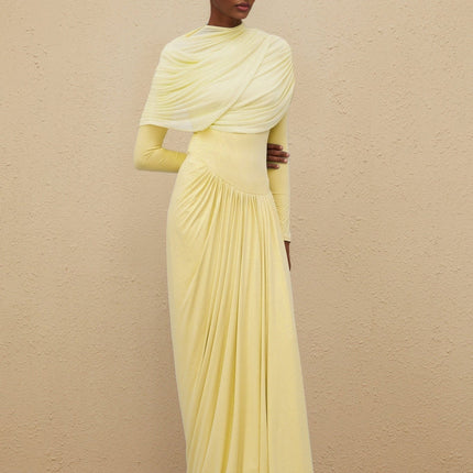 Madelyn Yellow Maxi Dress with Mesh Shawl and Pleated Detailing