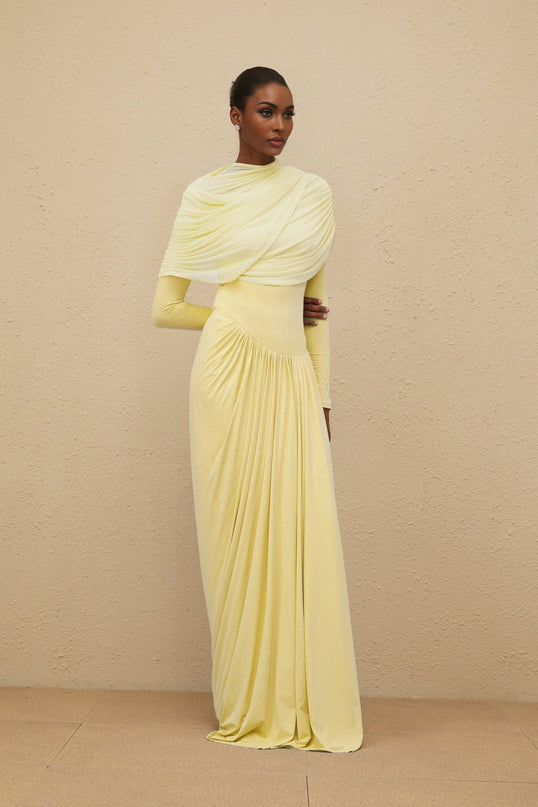 Madelyn Yellow Maxi Dress with Mesh Shawl and Pleated Detailing