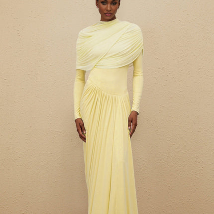 Madelyn Yellow Maxi Dress with Mesh Shawl and Pleated Detailing
