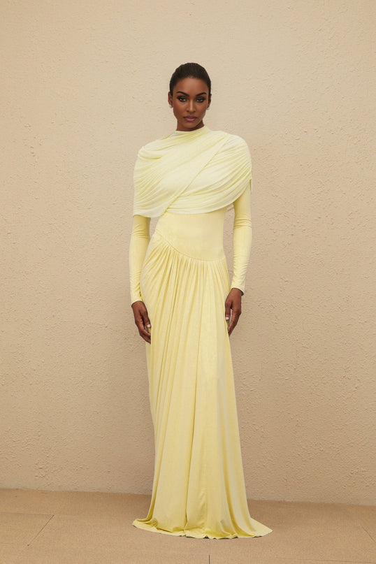 Madelyn Yellow Maxi Dress with Mesh Shawl and Pleated Detailing