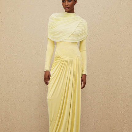 Madelyn Yellow Maxi Dress with Mesh Shawl and Pleated Detailing