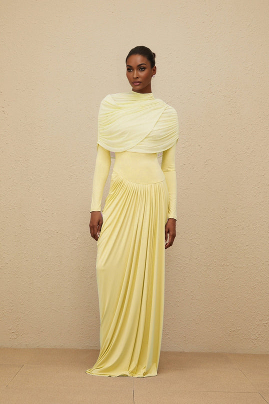 Madelyn Yellow Maxi Dress with Mesh Shawl and Pleated Detailing