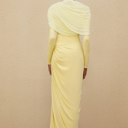 Madelyn Yellow Maxi Dress with Mesh Shawl and Pleated Detailing