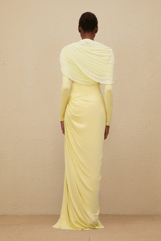 Madelyn Yellow Maxi Dress with Mesh Shawl and Pleated Detailing